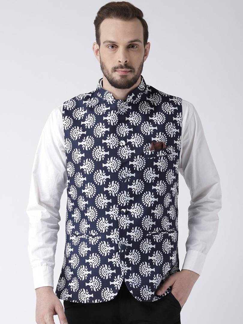 Men's Navy Blue Viscose
 Printed Nehru Jackets